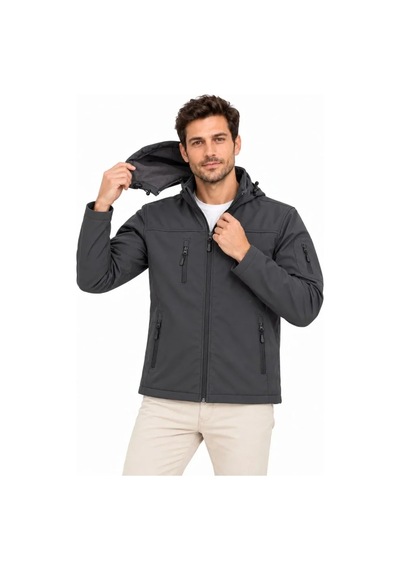 Erkek Su Geçirmez Softshell İçi Polar Astarlı Çıkarılabilir Kapüşonlu 4 Cepli Mont Ceket - Füme