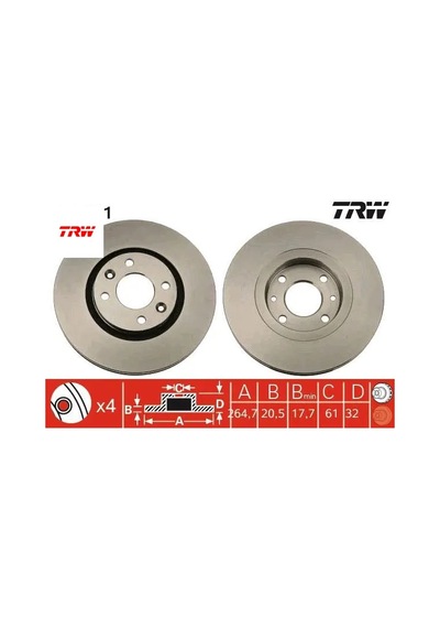 Ön Fren Aynası R21 89 94 2.0ie 2.1 D Turbo 264.5x20.5x4delik Trw 7700764193/ 7701467955