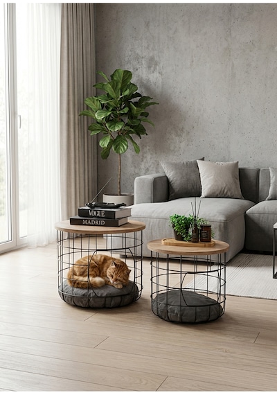 Uykula Modern 2'li Kedi Yuvalı Orta Sehpa Takımı - Antrasit Minderli Dekoratif Yan Sehpa Seti Siyah Uykula Modern 2'li Kedi Yuvalı Orta Sehpa Takımı - Antrasit Minderli Dekoratif Yan Sehpa Seti Siyah