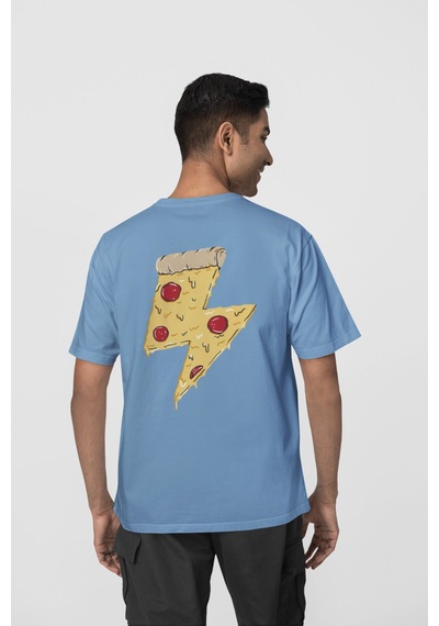 Pizza Ön-arka Baskılı %100 Pamuk Beyaz Kadın/erkek Unisex Rahat Kalıp Oversize T-shirt Mavi