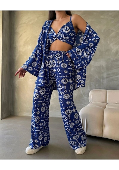 Bürümcük Kumaş Kimono Üçlü Takım Lacivert