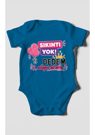 Morivokids Sıkıntı Yok Dedem Konuya El Attı Kısa Kollu Bebek Body %100 Pamuk Koyu Mavi