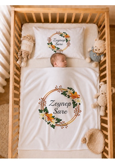 İsme Özel Kız Bebek Battaniye 80x80 Cm Ve Yastık Kılıfı 35x45 Cm %100 Pamuk Organik Baskılı Bebek Seti Bebek Hediyesi 1118yb Krem