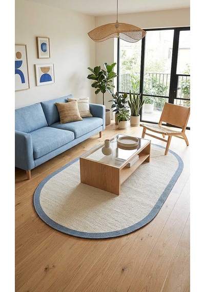 Natura Sisal Hasır Görünümlü Çerçeveli Oval Halı Ntr16 Mavi-krem