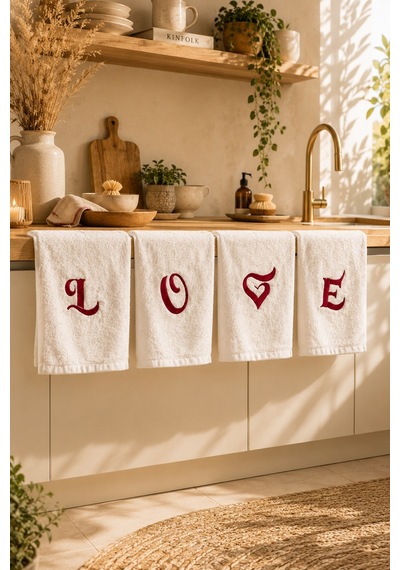 Love Nakışlı 4'lü Mutfak Ve El&yüz Havlu Seti 30x50 Cm Çok Renkli