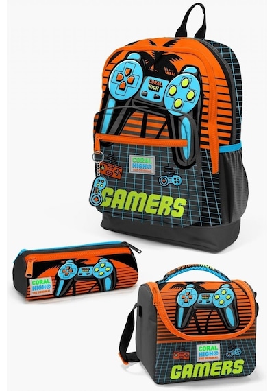 Coral High Kids Erkek Çocuk Gamer Desenli 3 Lü Okul Çanta Seti Gri Turuncu
