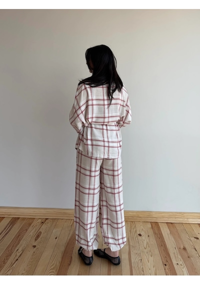 Laluvia Kırmızı Ekose Kimono Şalvar Takım - 0993
