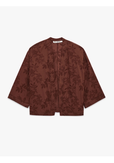 Koton Pamuklu V Yaka 3/4 Kol Nakışlı Kimono Kahverengi 6sal50005ıw Kahve