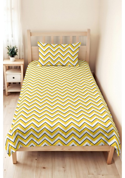 Sarı Zigzag Geometrik Genç Odası Tek Kişilik Pike Takımı - Lacivert 160x220 Cm Kapitone Yatak Örtüsü Kırmızı