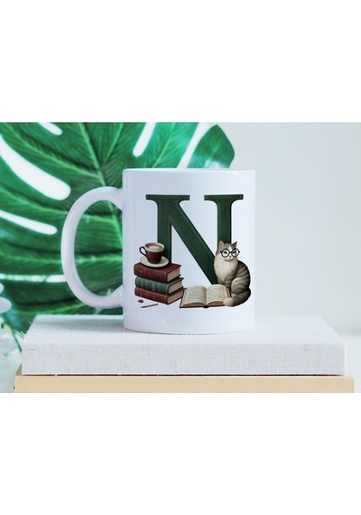 N Harf Kedi Ve Kitaplar Figürleri İle Kupa Bardak - Kitap Ve Kedi Severlere Özel - Manevi Hediye Beyaz