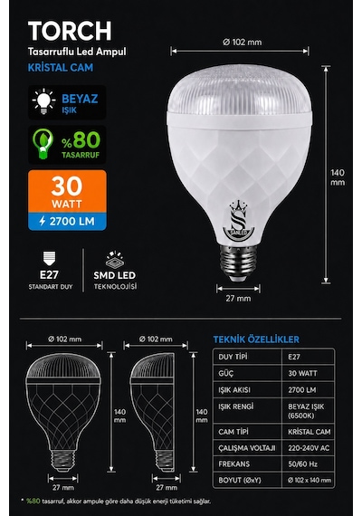 30w Kristal Tasarruflu E27 Beyaz Işık Torch Led Ampul 6 Adet 6 Adet