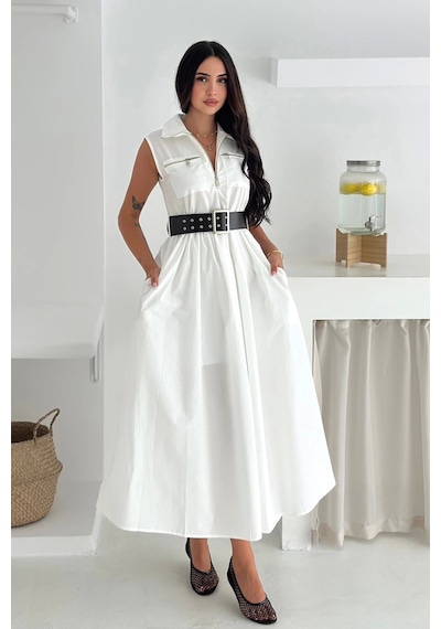 Asprin Fashion Paraşüt Kumaş Kemerli Elbise Beyaz Beyaz