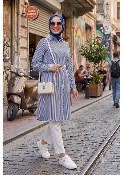 Hb Harma Time Butik Kadın Çizgi Desenli Kemerli Keten Lacivert Gömlek