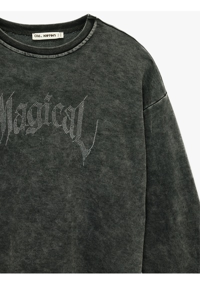 Koton Yıkamalı Bisiklet Yaka Oversize Taşlı Sweatshirt Antrasit 6wal10703ık Antrasit