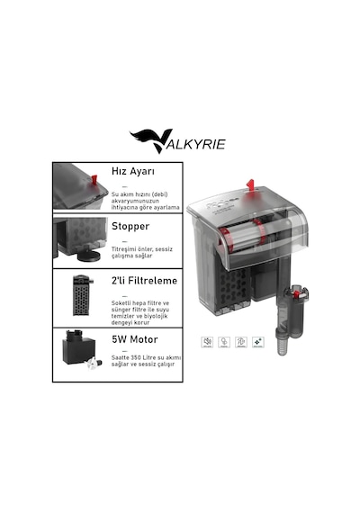 Valkyrie Askılı Akvaryum Şelale Filtre 5w 350 L/h Ayarlanabilir Debi Yüzey Temizleyici