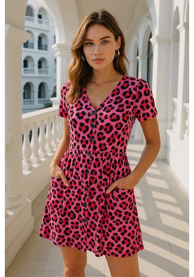 Rich Kadın Pembe Siyah Leopar Desenli Cepli Düğmeli Mini Elbise Pembe