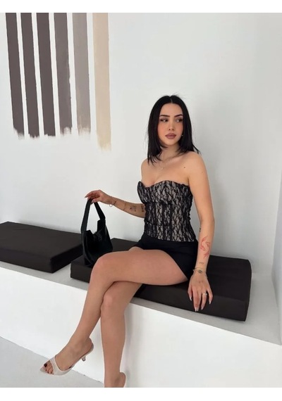 Etiler Collection Fermuarlı Dantel Korse Straplez Bustiyer Transparan Şık Top - Bej