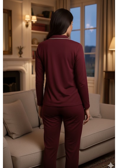 Kompedan Kadın Pamuklu Süprem Önden Düğmeli Biyeli Pijama Takımı Bordo 127 Bordo