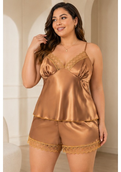 Loule Büyük Beden Altın İnce Askılı Dantelli Saten Şortlu Pijama