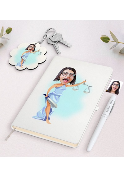 Kişiye Özel Kadın Avukat Karikatürlü Beyaz Defter Kalem Ve Anahta N11.9996