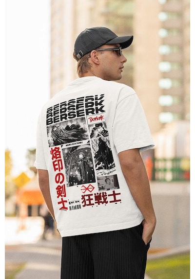 Berserk Baskılı Unisex Oversize Anime Tişört Beyaz