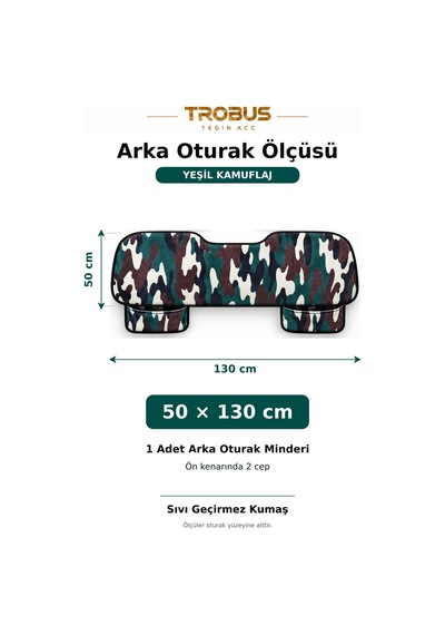 Trobus Chevrolet Captiva 2011-2014 Sıvı Geçirmez Kamuflaj 3'lü Cepli Oturak Minderi Yeşil