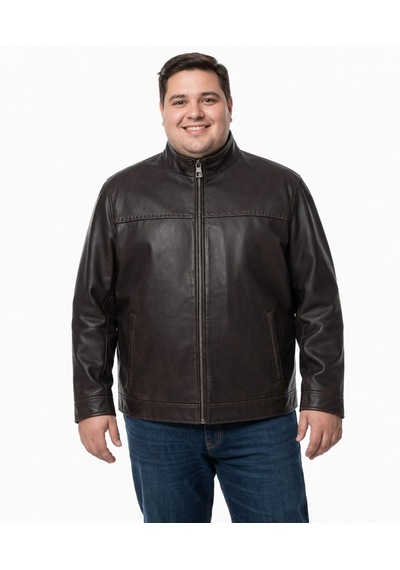 Viamod Leather Büyük Beden Erkek Kahverengi Hakim Yaka Deri Mont Ceket 8608