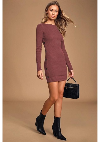 Aqe Fashion Kadın Geniş Yaka Uzun Kol Yandan Düğme Detaylı Tarçın Triko Elbise Tarçın