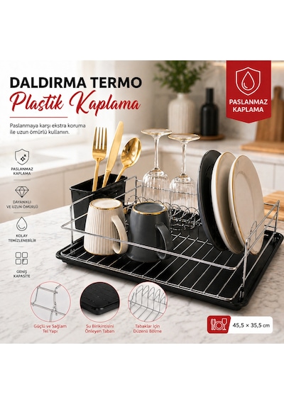 En Çok Tercih Edilen Daldırma Termo Plastik Kaplama Bulaşıklık Paslanmaz & Kararma Yapmaz Ultra Geniş Kapasiteli Tabaklık Su Tutmayan Tepsi Siyah