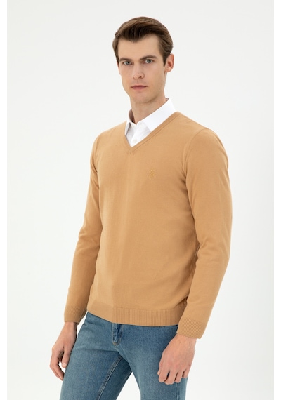 U.S. Polo Assn. Erkek Slim Fit V Yaka Camel Basic Kazak 50294764-VR015