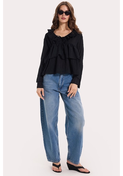 Tudors Kadın Slim Fit Dar Kesim V Yaka Fırfır Detaylı Uzun Kol Siyah Bluz-52082