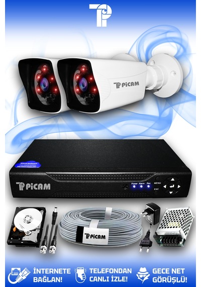 Picam 2 Kameralı Kare 2 Dış Kamera Set 2 TB HDD Full HD Gece Görüşlü Güvenlik Kamerası Sistemi