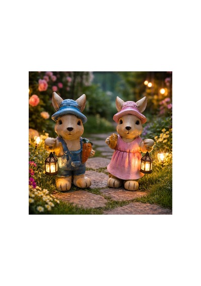 Led Fenerli Sevimli Tavşan Biblo Seti Bahçe & Balkon Işıklı Polyester Tavşan Figür 2 Li Set