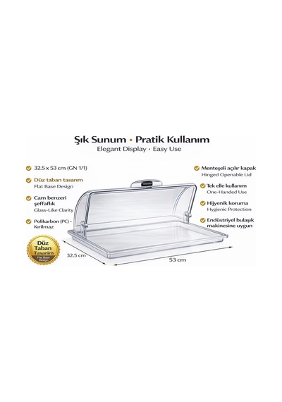 Polikarbon Gn 1/1 Menteşeli Fanus Kapaklı Servis Tepsisi 32.5x53 Cm Açılır Kapanır Kapak Şeffaf