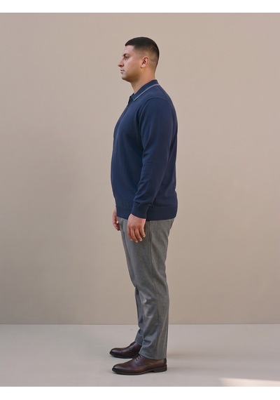 Maccali Erkek Lacivert Büyük Beden Gizli Fermuarlı Polo Yaka Triko Sweatshirt