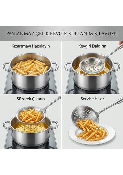 Paslanmaz Çelik Yağ Kevgiri 16 Cm, Delikli Süzme Yüzeyli Uzun Saplı Kızartma Süzgeci, Askı Delikli Mutfak Kevgiri Diğer