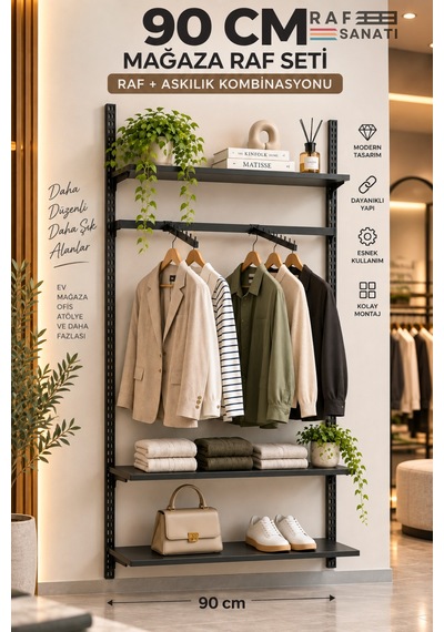 90 Cm Duvar Raf Askılık Sistemi 3 Raflı 200 Cm Konik Dikme Hazır Set Siyah