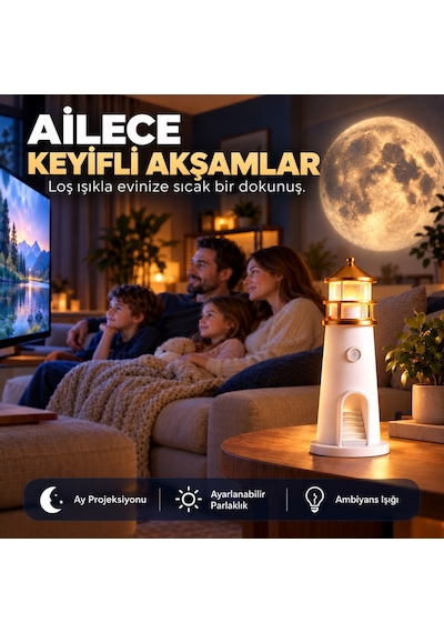 Hymark Deniz Feneri Ay Led Projeksiyon Lamba Bluetooth Hoparlör Kumanda Dimmer 2400 Mah Pil Beyaz