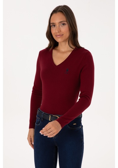 U.S. Polo Assn. Kadın Bordo V Yaka Basic Kazak 50307712-VR014