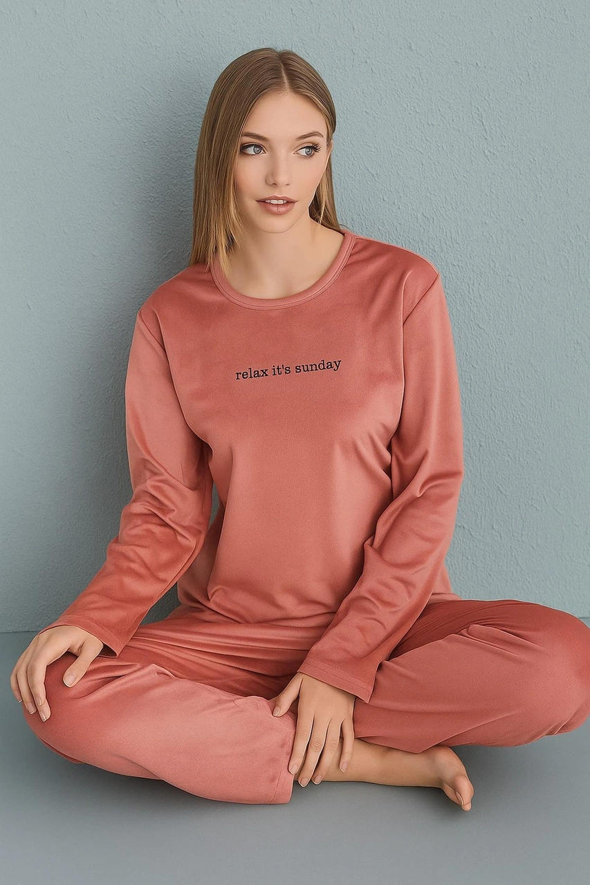 Mihra Kadın Kışlık Bisiklet Yaka Kadife Pijama Takımı 13166p - 1 Adet Pudra
