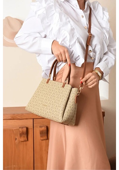 Just Polo Kadın Baskılı Ayarlanabilir Askılı Shopper El & Omuz Çantası Shoulder Bag Vizon - Taba