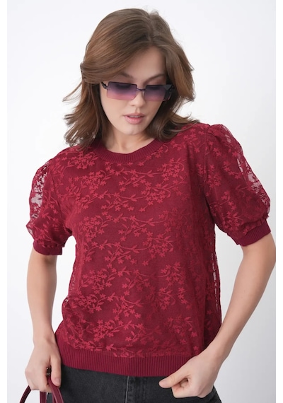 Park Karon 12058 Kadın Bisiklet Yaka Çiçek Tül Detaylı Triko Bluz Bordo