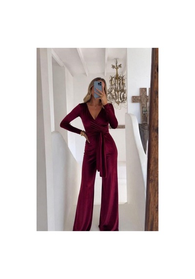 Lior Design Esnek Yaka Tulum Kadife Kumaş Kruvaze Maxi Kuşaklı Sarı