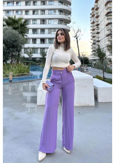 WeShaya Kadın Lila Yüksek Bel, Cepli, Bol Paça Pantolon Lila