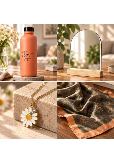 Bk Gift Kişiye Özel İsimli Turuncu Cam Suluk & Papatya Kolye & Ayna & Fular - Özel Hediye Kutulu Set-1