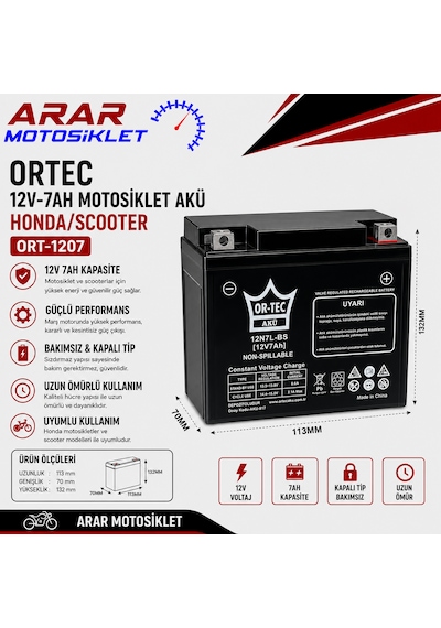 12n7l-bs / 12v-7ah Motosiklet Akü Honda/scooter Ortec