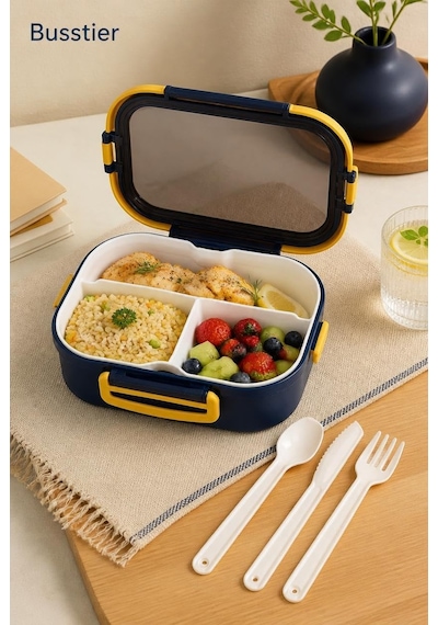 1200 Ml 2 Katlı 6 Bölmeli Bpa'sız Pp Plastik Sefer Tası Ve Beslenme Çantası - Hava Kilitli Bento Lunch Box, Çatal Ve Kaşık Dahil Mavi Çok Renkli