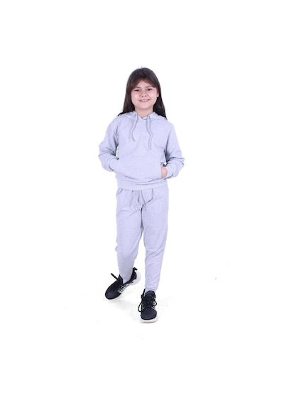 Fyk Kids Kapüşonlu Kanguru Cepli Düz Desen Kız Çocuk Alt-üst Takım Gri