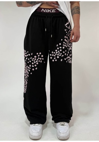 Zaee Sakura Nakışlı Baggy Ayarlanabilir Paça Eşofman Altı Siyah