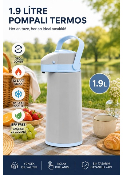 1.9 Litre Termos Çay Termosu Su Termosu Gri Grı Açık Gri